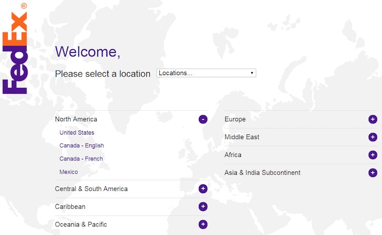 FedEx’s “Global Home” country chooser page is linked from the footer of every country site.
