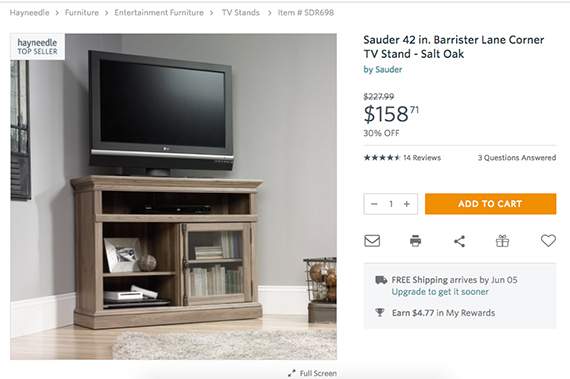If you had seen this television stand without the context, you might have thought it was larger or smaller, but Hayneedle shows it with a television in a room setting, which provides a sense of scale.