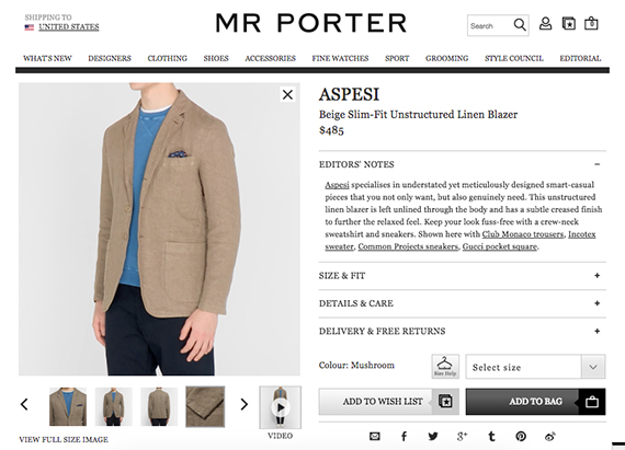 Mr. Porter includes a brief video on many of its product detail pages. In this example, a model simply turns around to give shoppers a better view.