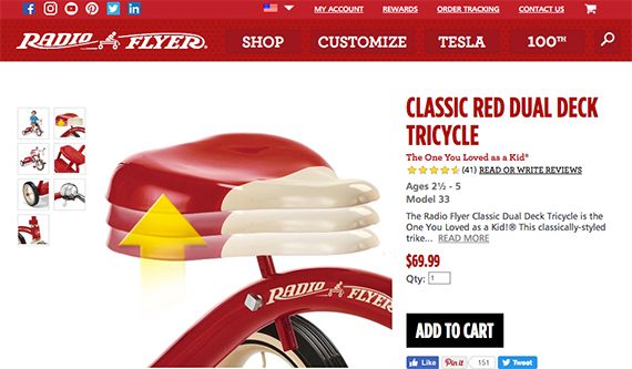 Radio Flyer uses images of specific product features to help communicate the tricycle's value. You can do the same on your ecommerce site.