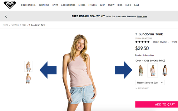 Show a product image for each option, color, or configuration. Here Roxy shows three color options front and back.