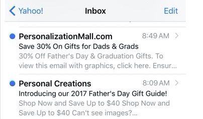 One day after Mother’s Day, PersonalizationMall.com and Personal Creations shifted their email focus to Father’s Day and graduations.
