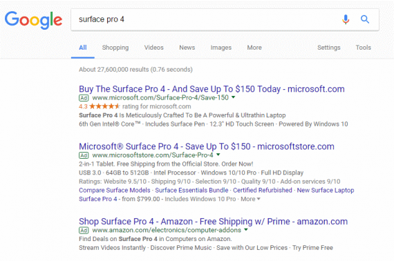 The top three ads for the “surface pro 4” query all contain ad extensions.