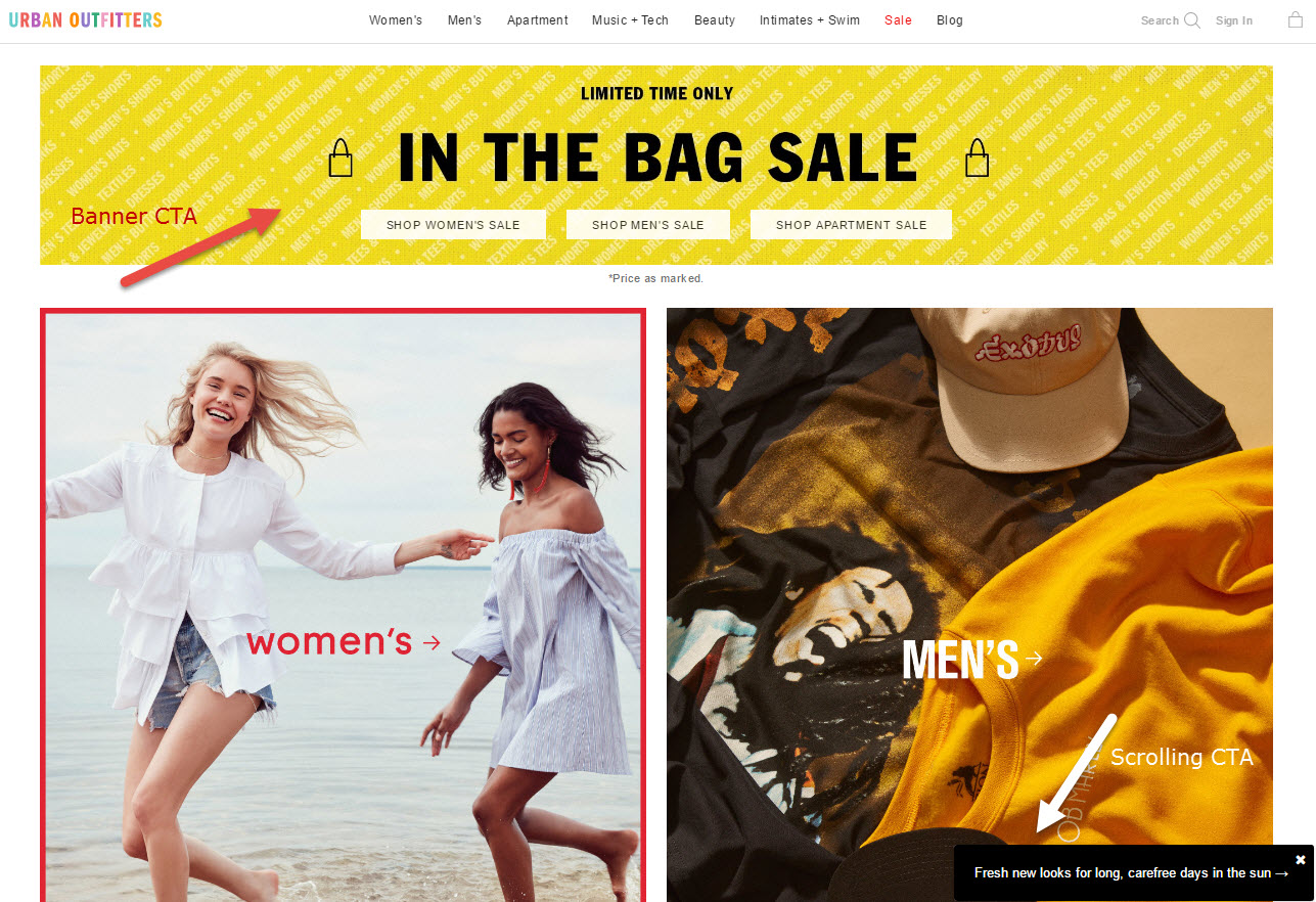 Using top-of-page banners to promote sales and special features can work well. Urban Outfitters also uses a scrolling slide-in feature to entice shoppers to peruse new looks for the summer.