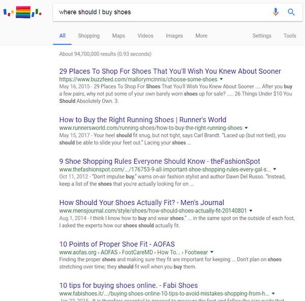 Google search results for the opinion-based query "Where should I buy shoes?"
