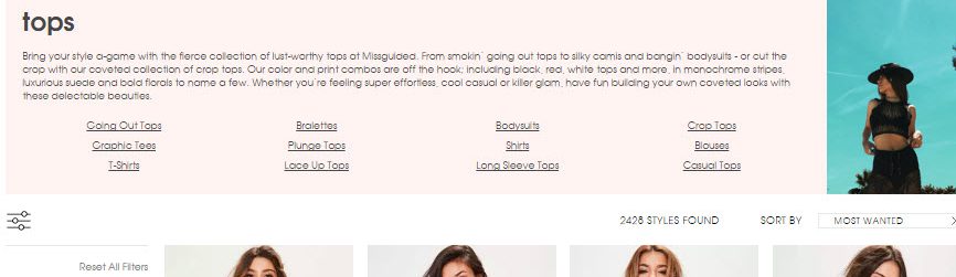 MISSGUIDED uses the category header to tell a compelling story and boost SEO, as well as to display subcategories.