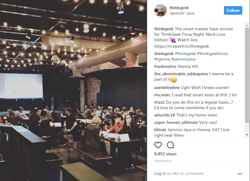 ThinkGeek, a computer retailer, hosted a local trivia night at a local music venue and posted photos of it on Instagram.