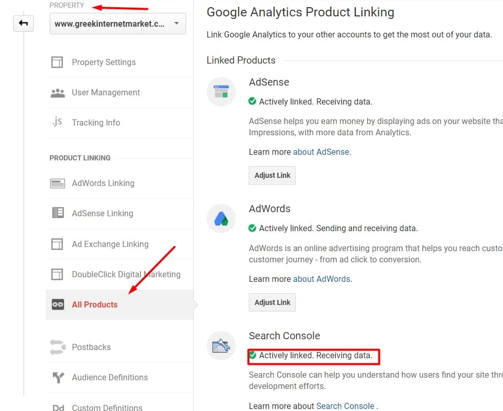 Ensure Search Console is linked by going to Admin > Property > All Products.