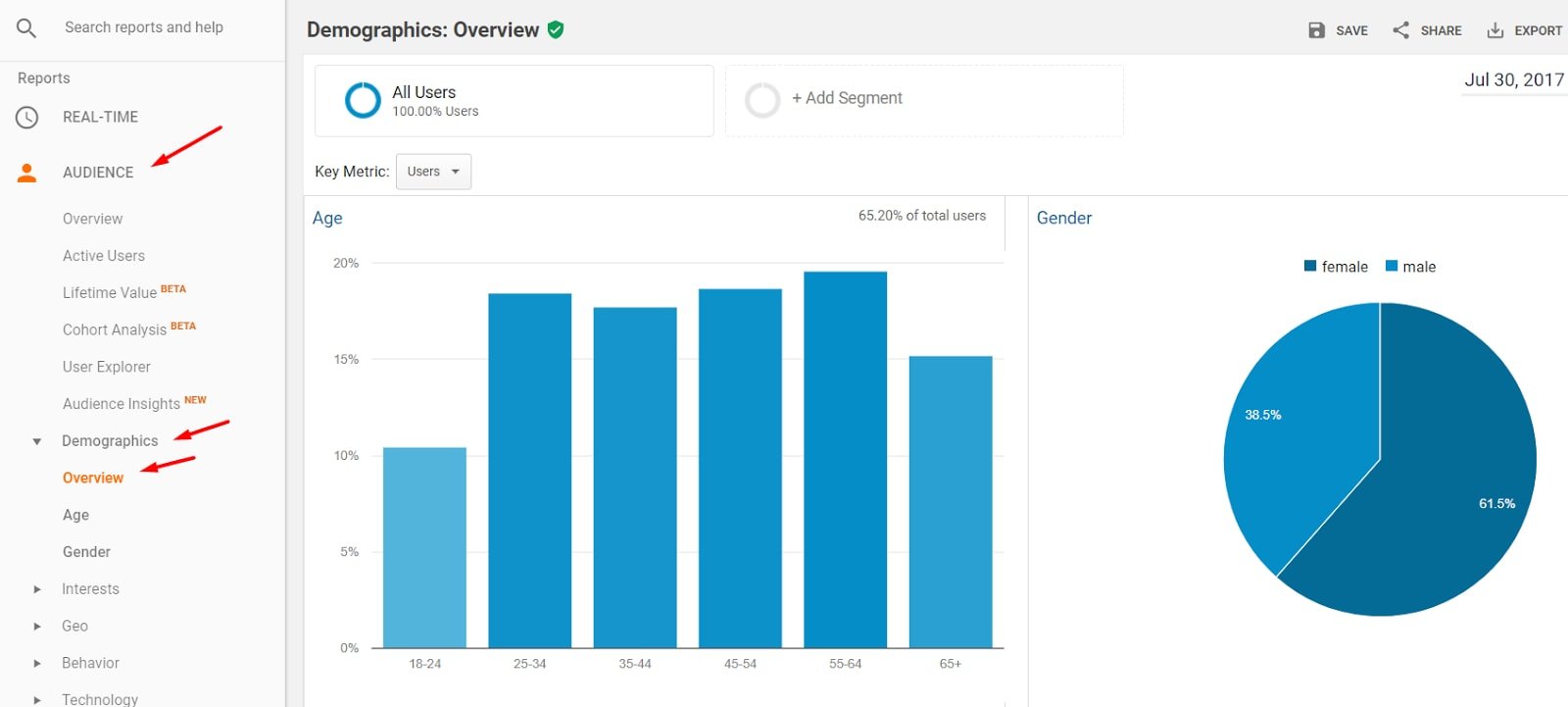 Ensure you can view demographic and interests data by going to Audience > Demographics > Overview.