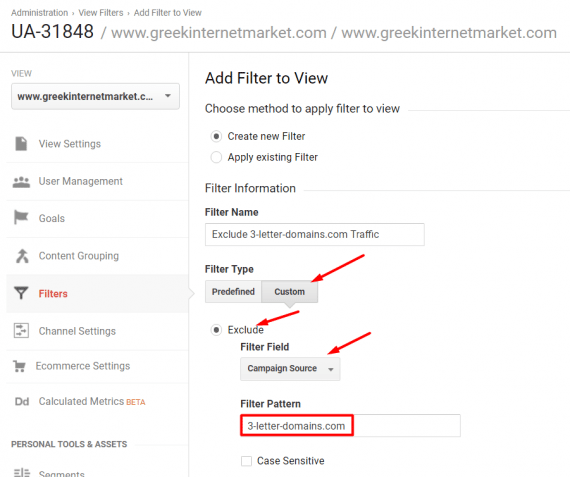 After referral spam domains are identified, create an "exclude" filter in Google Analytics to block those sources.