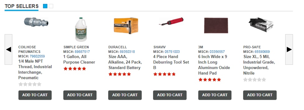 MSC Industrial Supply, a distributor of manufacturing products, shows "Top Sellers" at the bottom of its home page, with "Add to Cart" buttons.