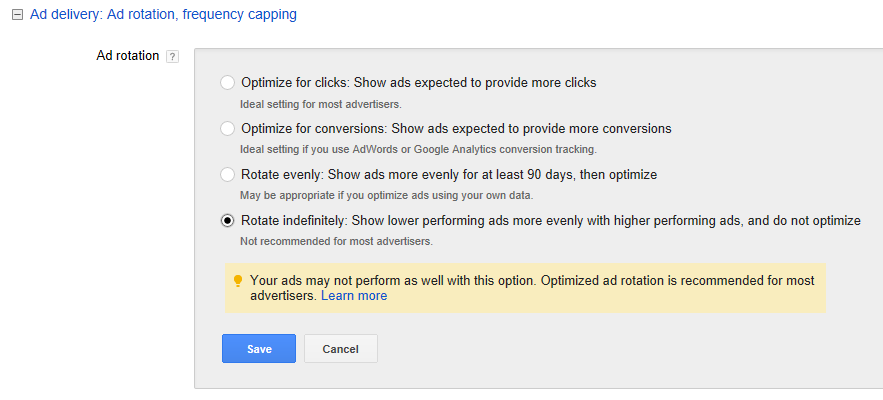 There are currently four ad-rotation options for advertisers: "Optimize for clicks," "Optimize for conversions," "Rotate evenly," and "Rotate indefinitely."