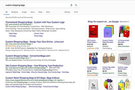 Notice in this screen capture from Google for search results for "custom shopping bags" that some of the companies are buying multiple pay-per-click ads on the page.