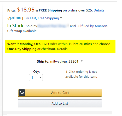 Amazon promotes its fulfillment speed ("Want it Monday, Oct. 16?"). Buyers know exactly when they can expect an item to arrive.