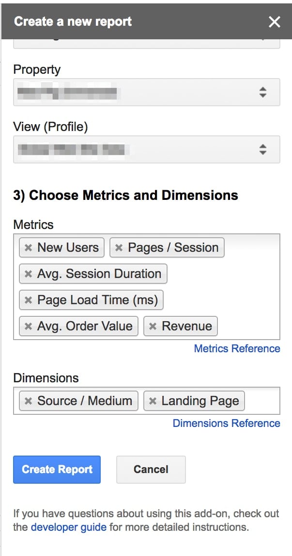 On Google Sheets, go to <em>Add-ons > Get add-ons > Google Analytics</em>.