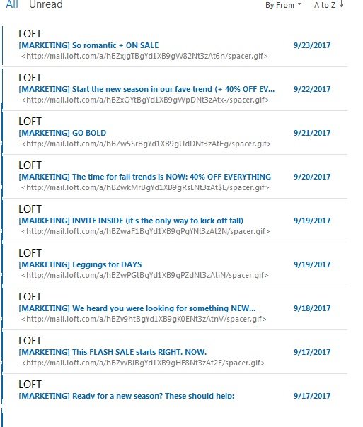Loft sent the author nine emails in under a week, which is too frequent given her purchase history.