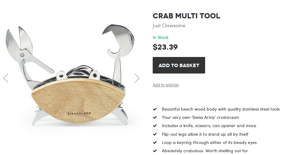 Puns and creativity abound in the description of a crab-themed multi-function tool on Firebox.com, such as "Just Clawsome," "beady eyes," and "Absolutely crabulous."