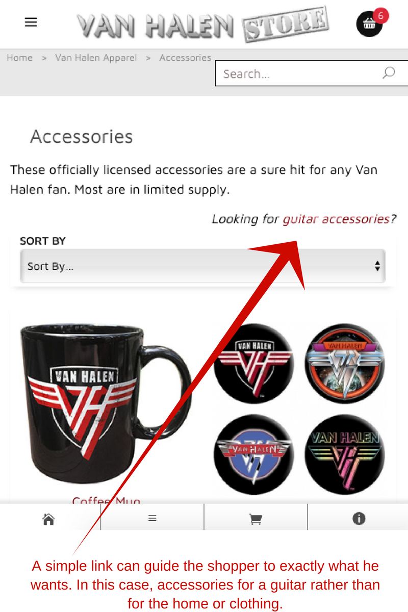 Use anchor text to direct shoppers to other options. In this case, a link to guitar accessories helps shoppers who aren't looking for other accessories — coffee mugs in this example.