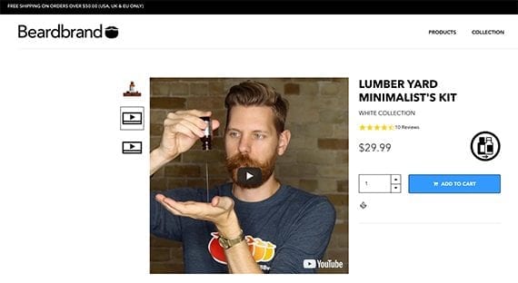 Online videos are both popular and effective. In 2018, look for ecommerce site designs to include video on product pages, landing pages, and even as backgrounds. <em>Source: Beardbrand.</em>