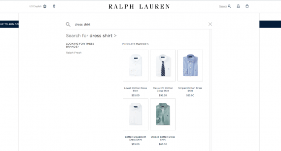 The Ralph Lauren site uses a search modal that is full-screen on mobile devices and covers most content on larger screens.