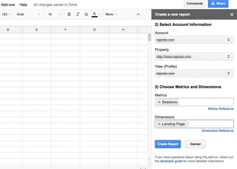After creating a Google Sheet, go to Add-ons > Get add-ons > Google Analytics to get this pop-up.