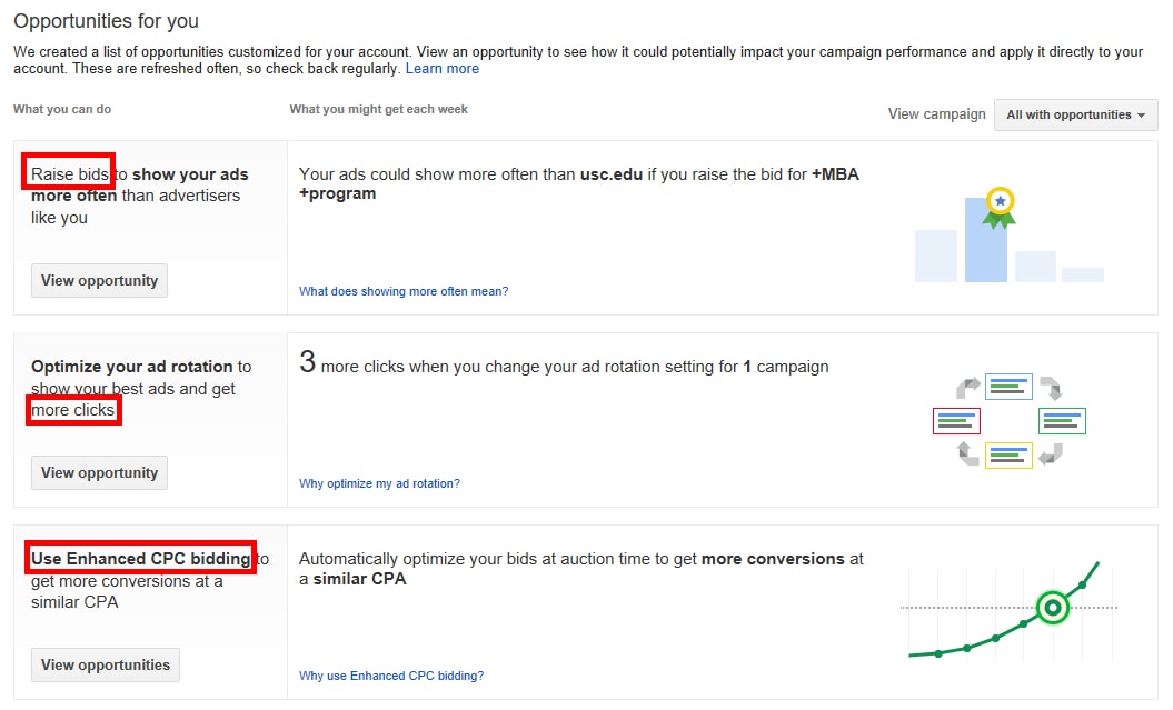 "Opportunities," as shown in AdWords' previous interface.