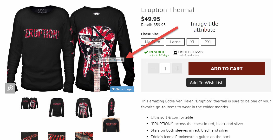 The title tells the shopper the purpose of the image. It can be used to display the product name or to promote special deals. <em>Source: Van Halen Store.</em>