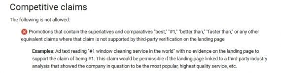 An excerpt from Google’s posted AdWords policies shows the ban on superlatives in its advertising except when they are backed up by an independent third party.