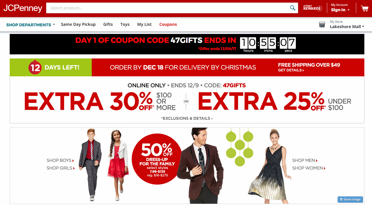J.C. Penney uses banners to convey urgency and discounts.