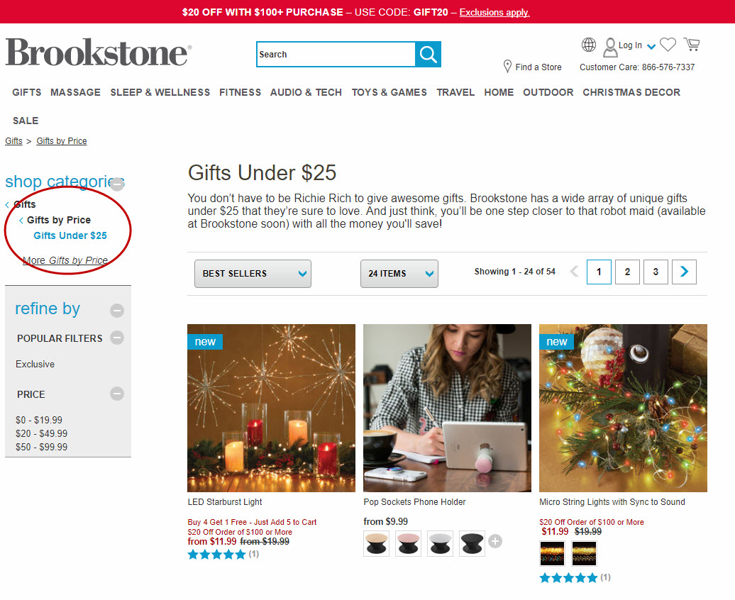 Brookstone provides a complex gift guide that includes various price ranges.