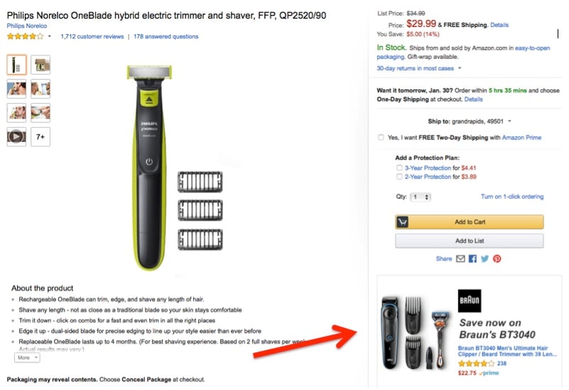 Product Display Ads can appear on a competitor's product page. In this example, an ad for Braun's razors appears on a Philips Norelco product page.