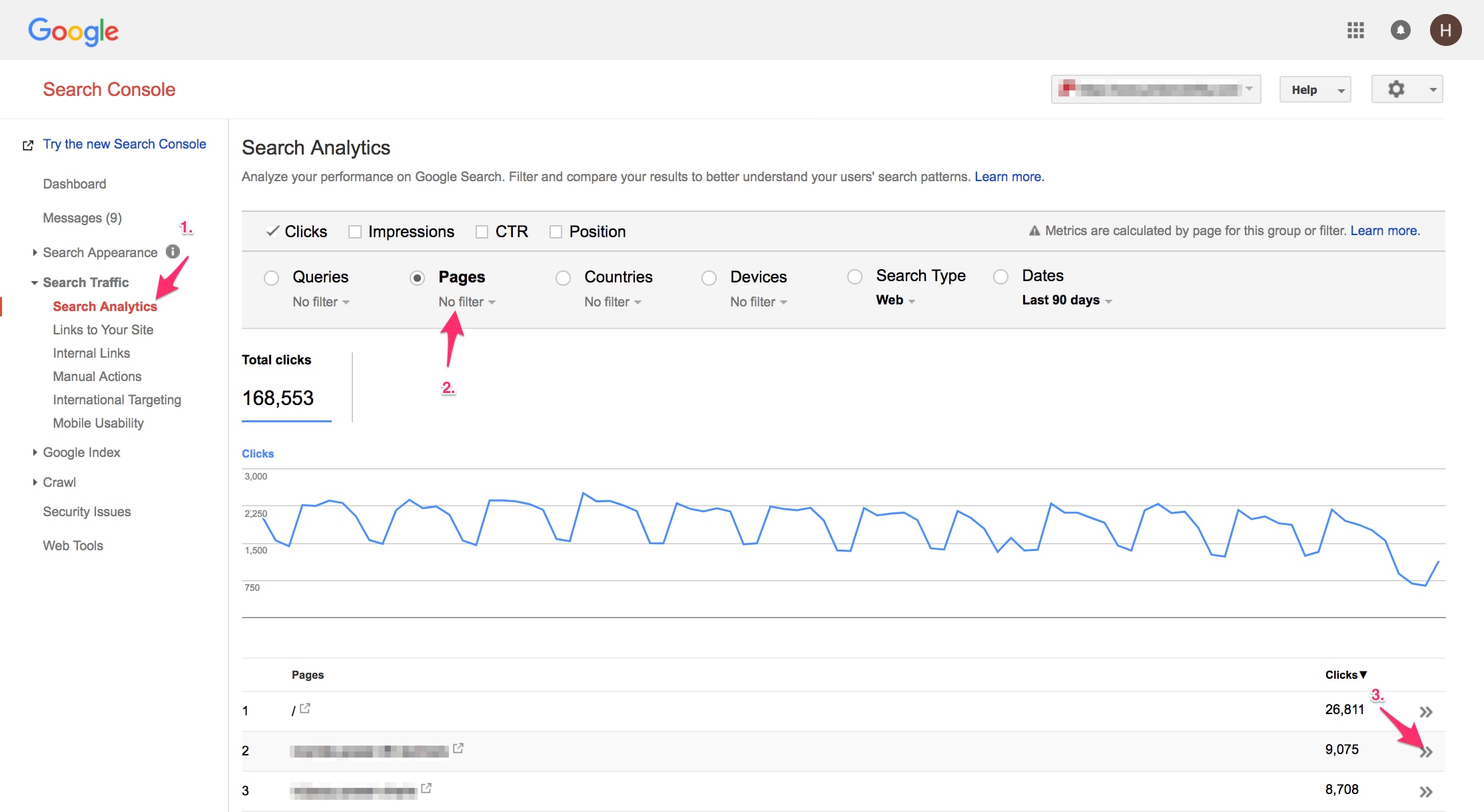 Go to <em>Search Traffic > Search Analytics > Pages</em> and click on the number beneath "Clicks" you want to review.