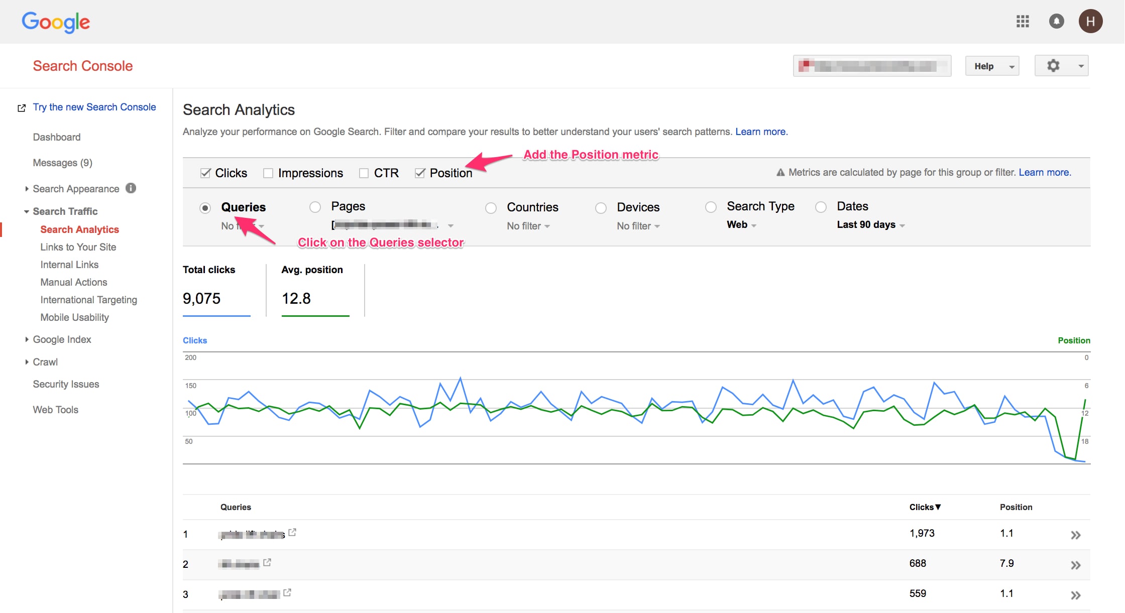 Click "Queries" and then Position" to get ranking data.