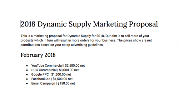 The completed marketing proposals are tailored to each supplier and include only the tactics proposed for it.