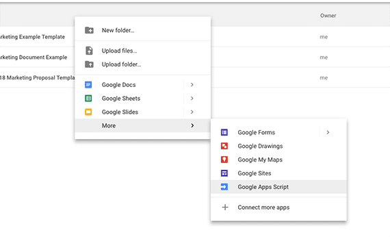 Create a new Google Apps Script from anywhere in Drive with a right click.