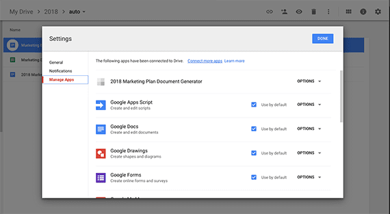 Associate Google Apps Scripts with your Google Drive.