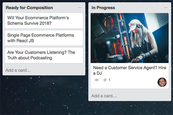 Blog posts that are "Ready for Composition" have been vetted and defined. When a writer becomes available, the card can be moved to "In Progress" and work will begin.