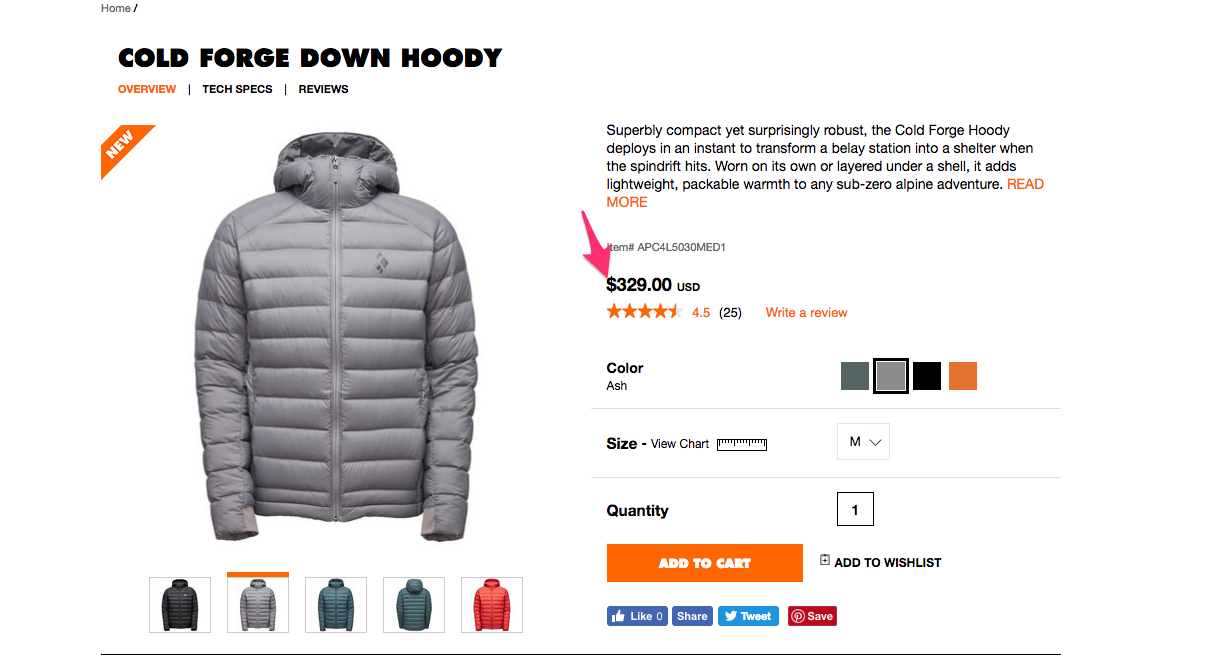 The price for this "Cold Forge Down Hoody" was $30 higher than on the search snippet.