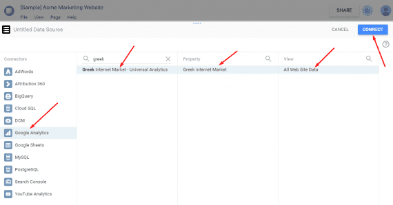 Find your Google Analytics Account, Property and View and select “Connect.”