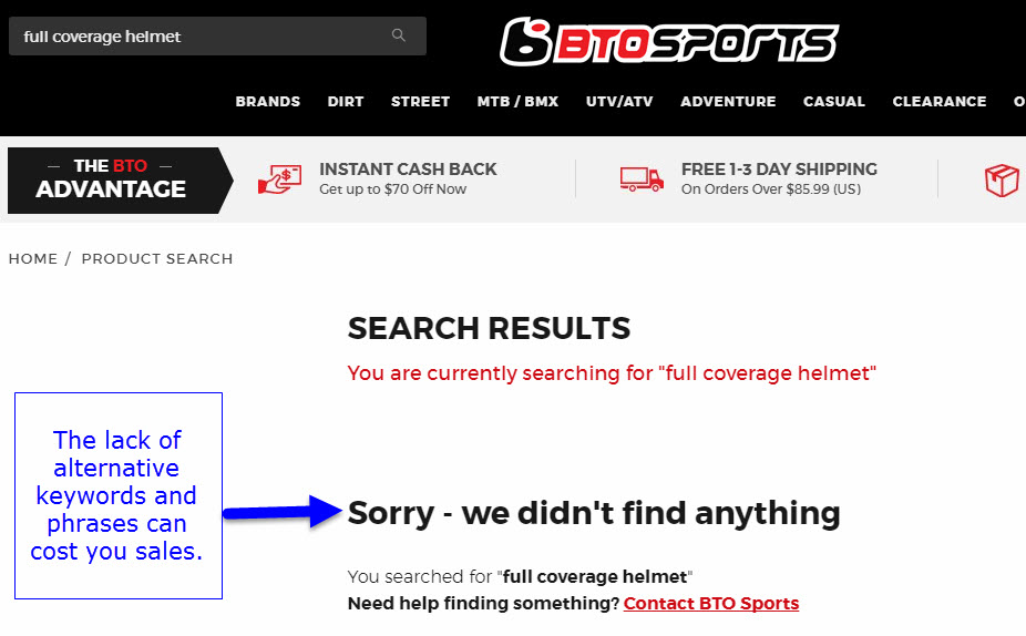 Failed catalog search for a full coverage helmet at BTOSports.com. No results were returned.
