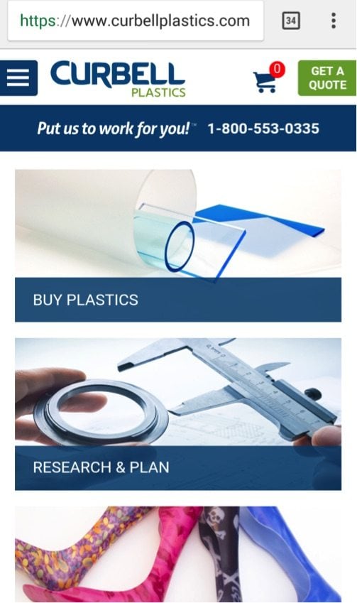 Curbell Plastics is optimized well for mobile with a clean layout.