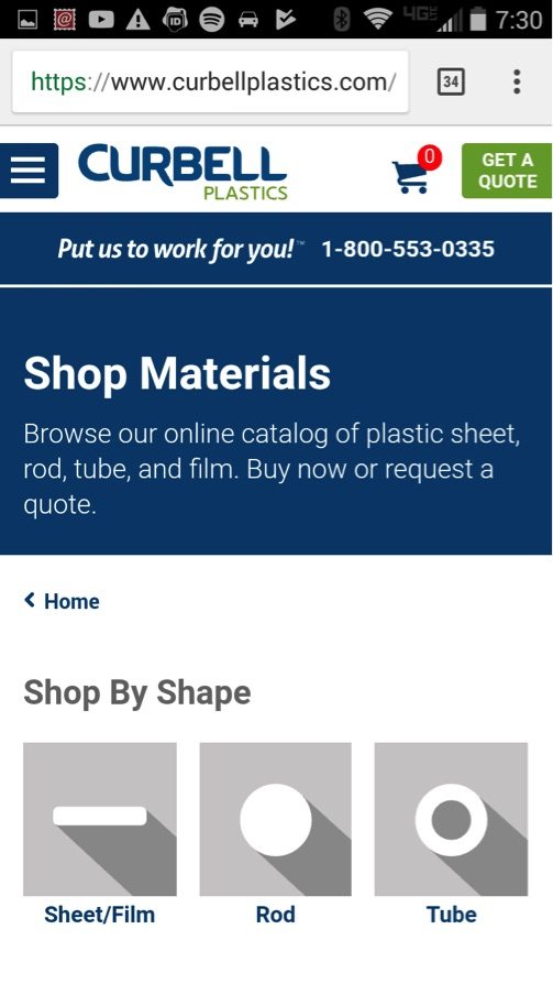"Shop by Shape" is at the top of the Curbell Plastics mobile site, helping users to quickly narrow down what they're looking for.