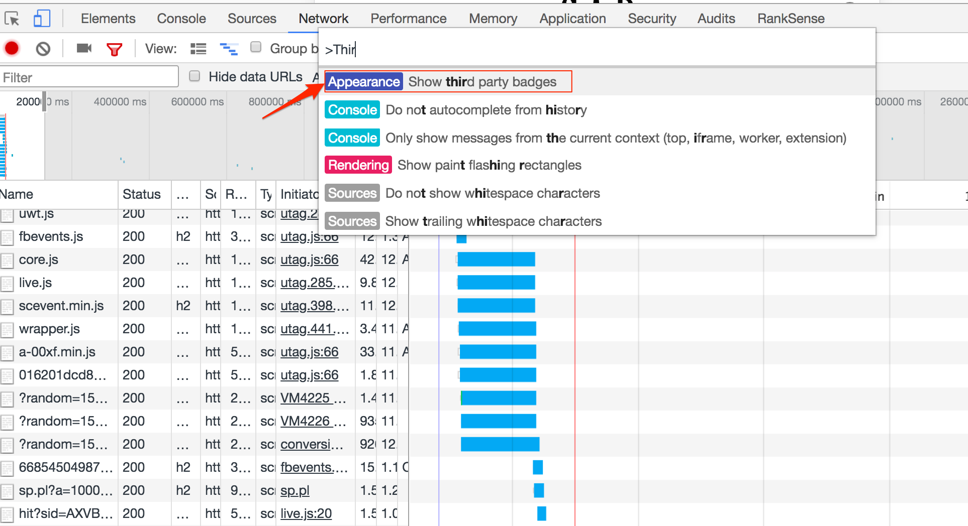 In the Chrome Developer Tools Network tab, hit the keyword combination: Command + Shift + P, and search for “Show third party badges”