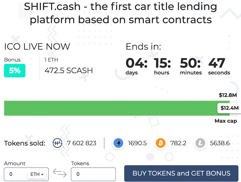 SHIFT.cash is a secured loan platform for issuing quick loans secured by car titles. The company has created a website for its ICO, shown above. 