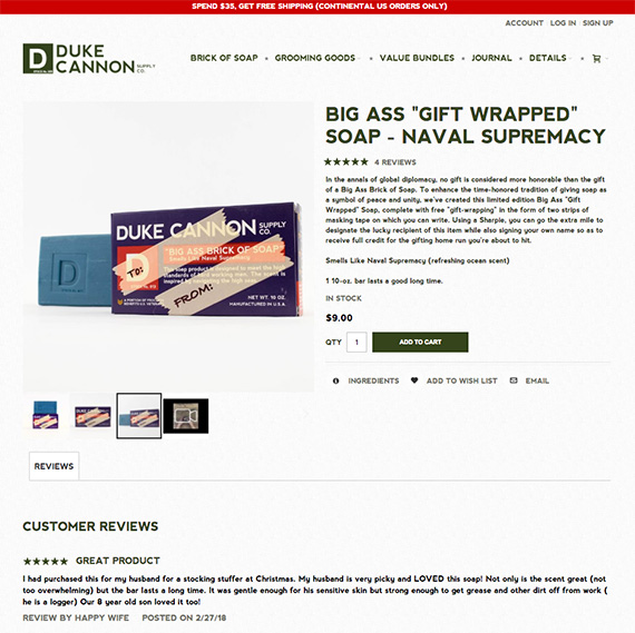 This Duke Cannon product detail page exhibits all of the best practices found on most ecommerce sites. Differentiators will be features or components beyond these.