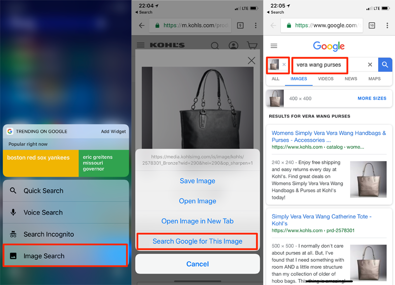 Using Google Chrome on a smartphone, shoppers can press and hold the product image to perform an image search. Google then automatically fills in the image and product description, to search other sites.