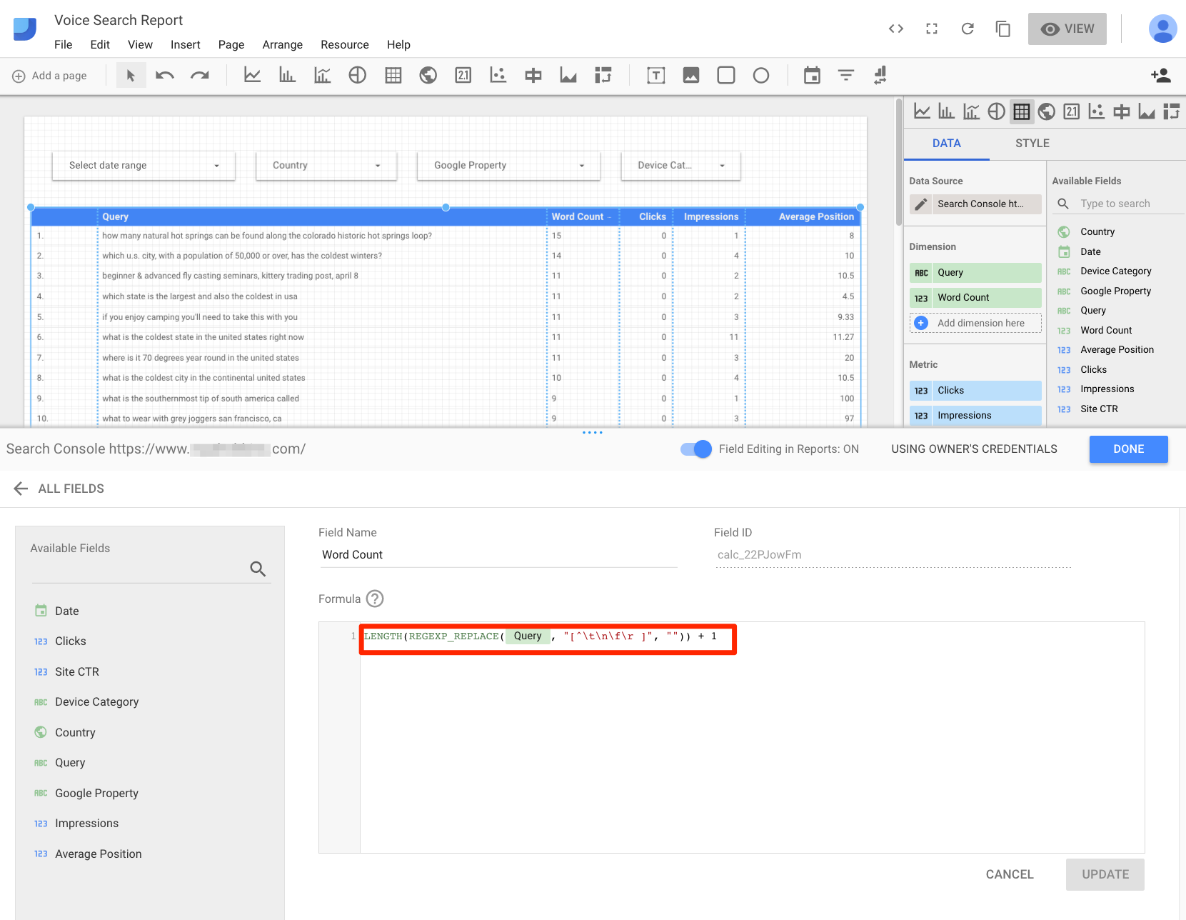 Create a new field, "Word Count," and two filters, one for a minimum number of words, and another to filter only mobile searches.