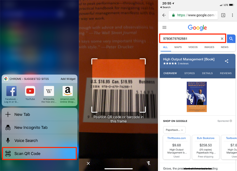 The Google Chrome App can scan a barcode the perform a search of the ISBN.