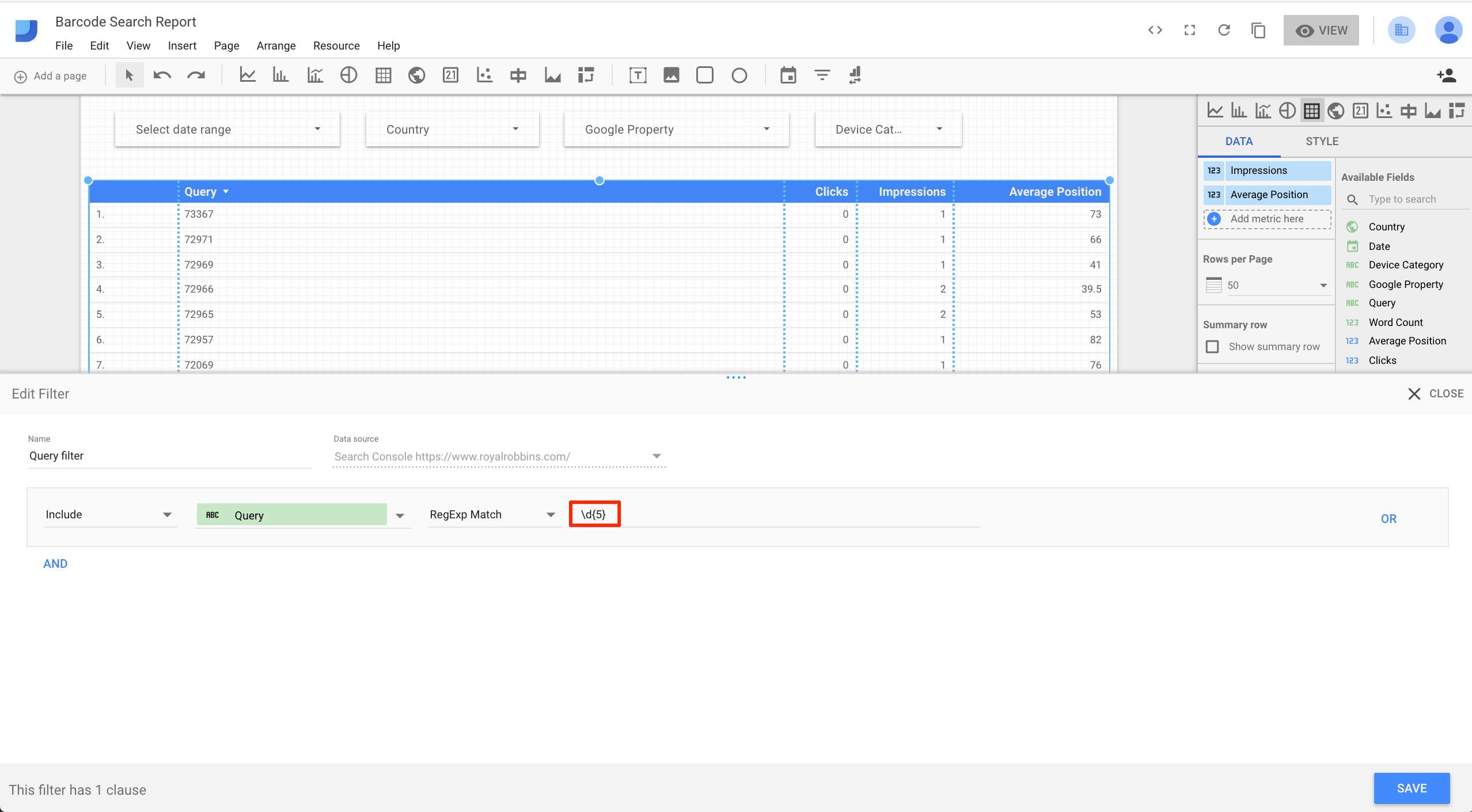 In Google Data Studio, you can create a filter directly, in this case for SKUs that have exactly five numbers.