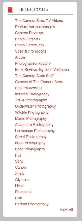 The Camera Store’s blog categories enable readers to quickly find posts about specific camera brands and kinds of photography — as well as book reviews and product announcements.